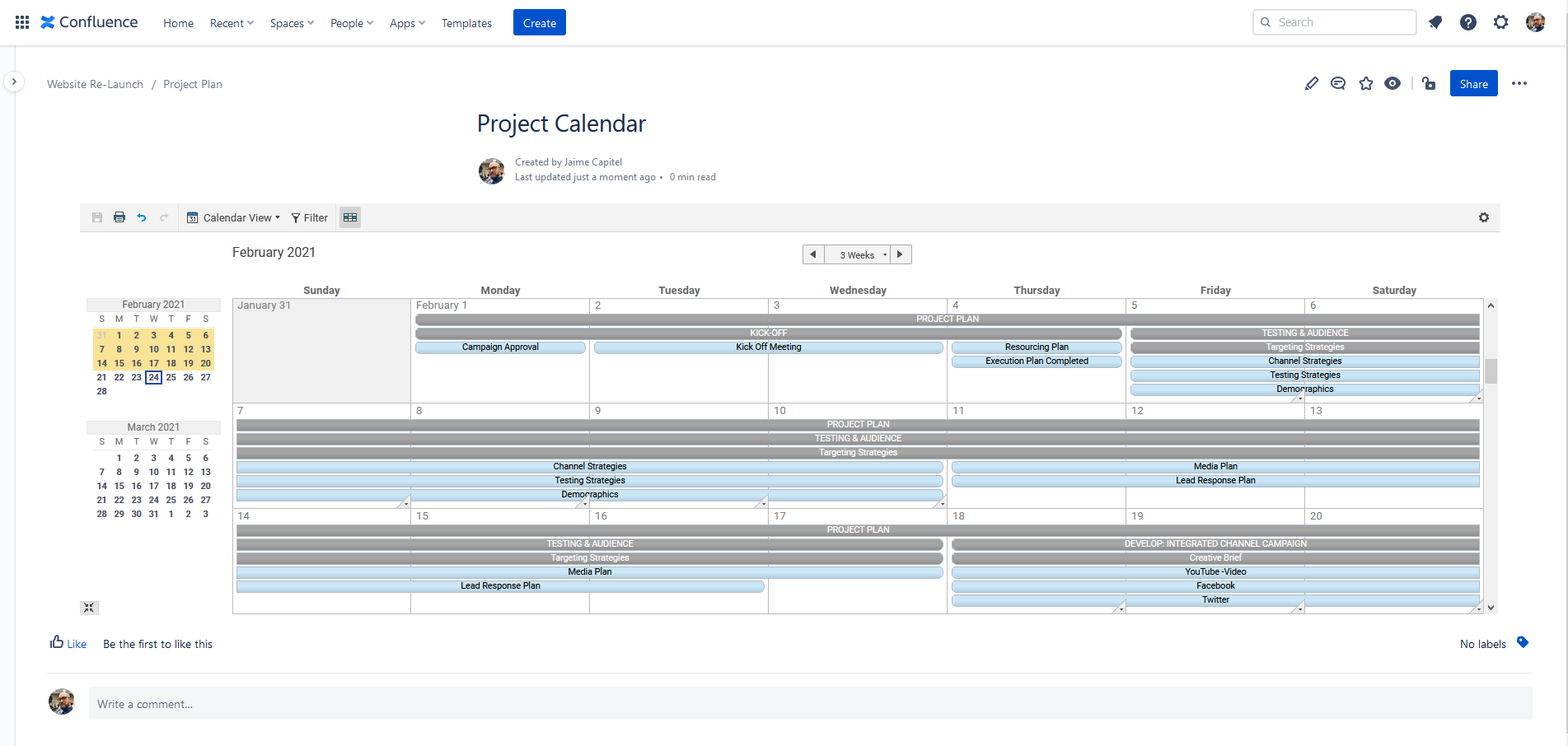 Smartsheet calendar view embedded in Confluence