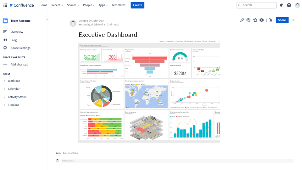 Power BI executive dashboard embedded in Confluence Cloud