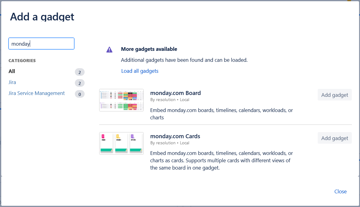 monday.com gadgets for Jira cloud