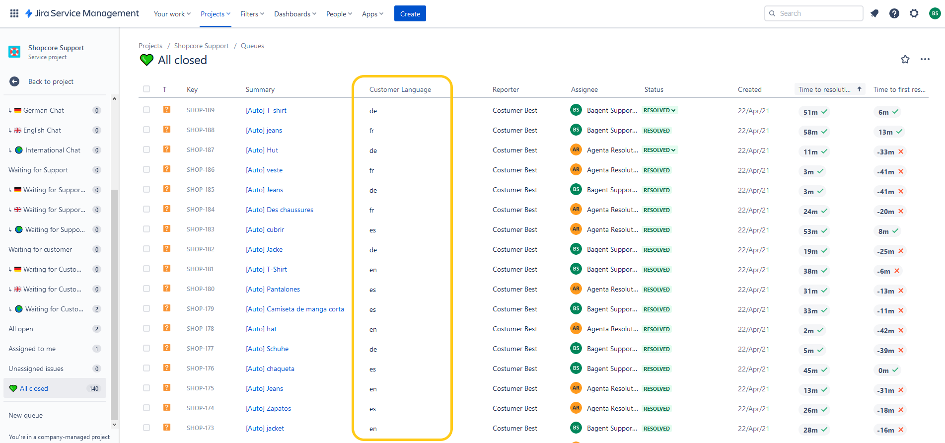 Jira Service Desk queue with automated language detection