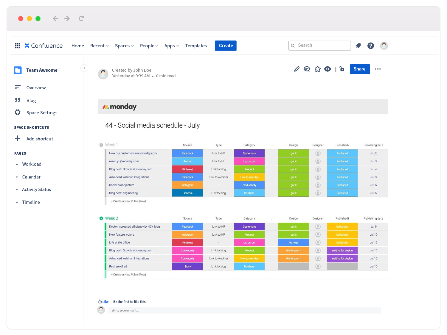 monday.com social media schedule embedded in Confluence