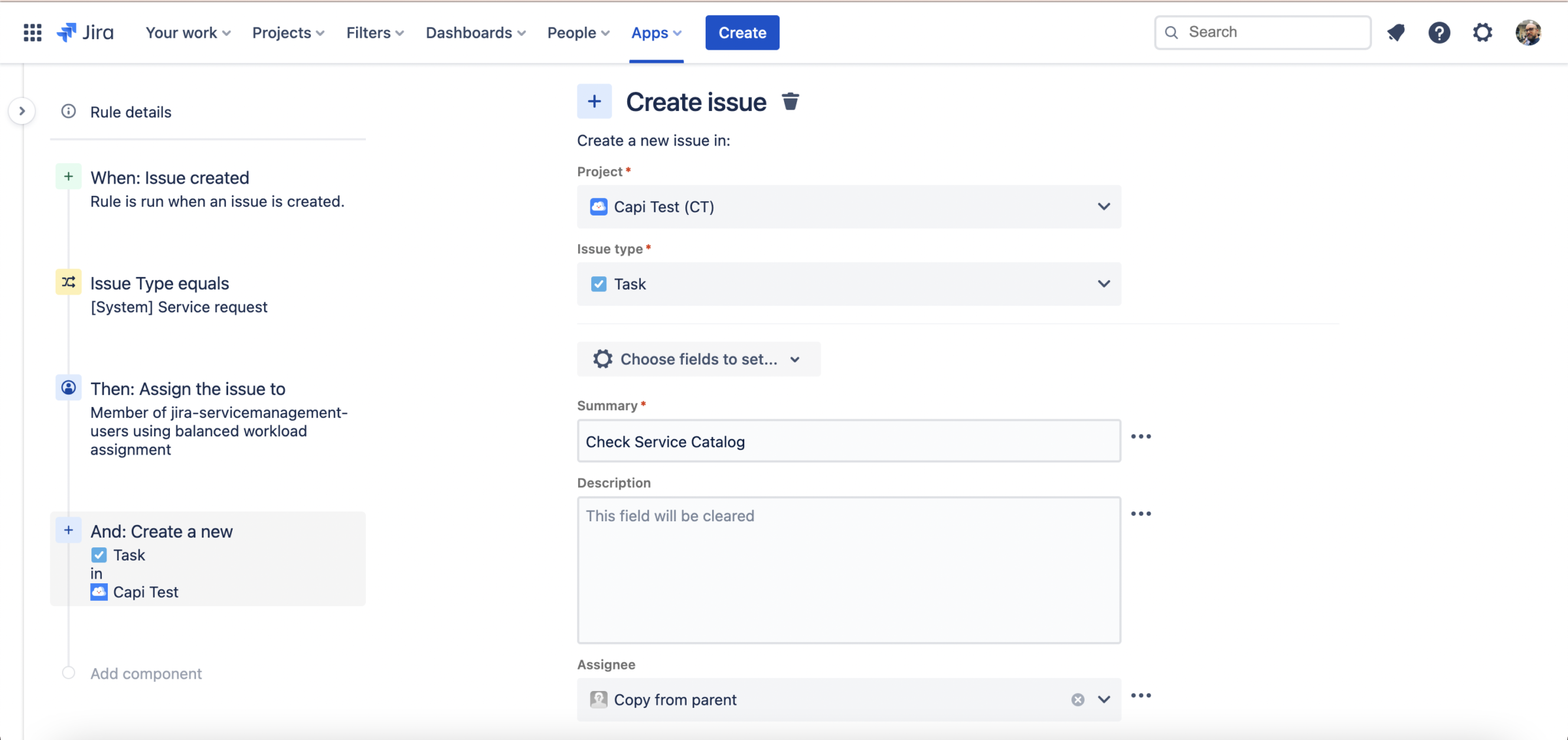 automation rule to create a child issue in a different project and assign it