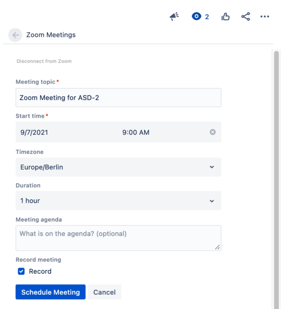 Menu to schedule Zoom meetings from Jira