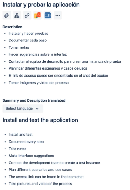 Jira software issue subject and description translated