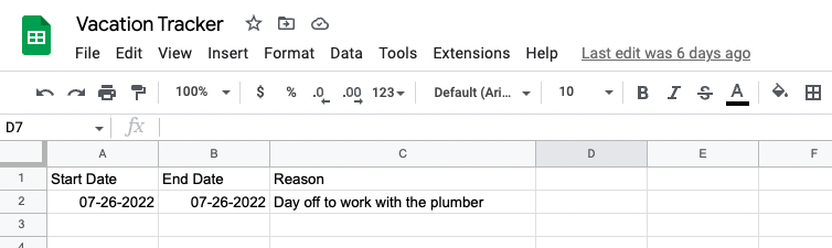 google sheet with start date, end date and reason to request time off