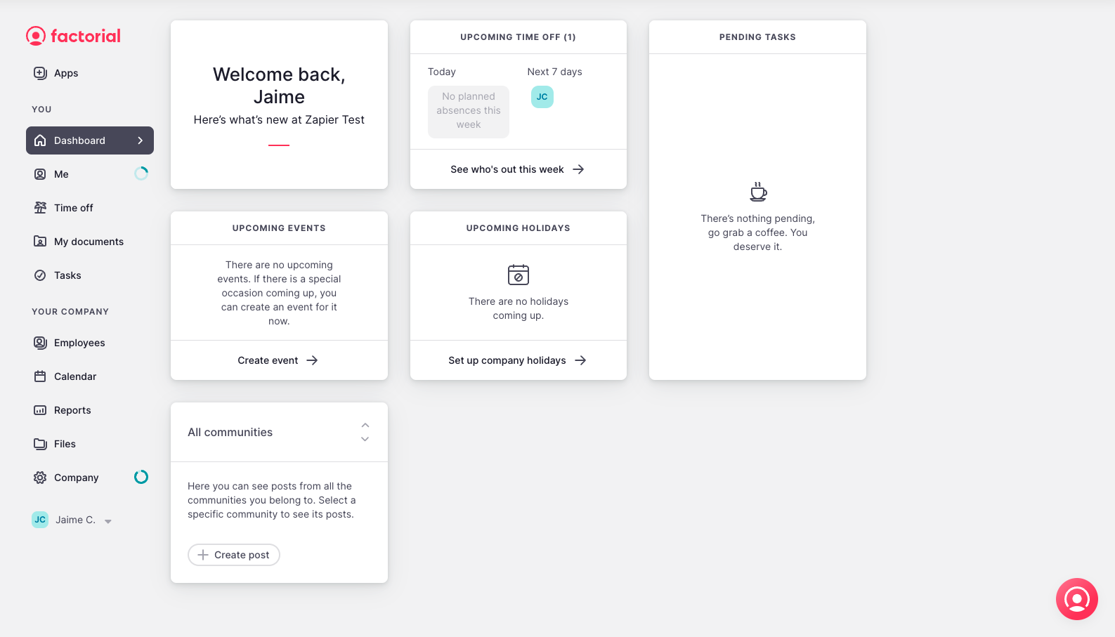 Personal dashboard in Factorial HR including vacation tracking