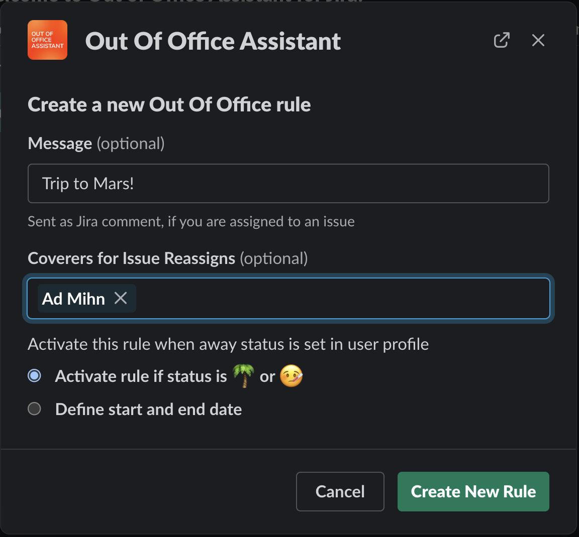 Form to create a new Out of Office rule in the integration for Slack