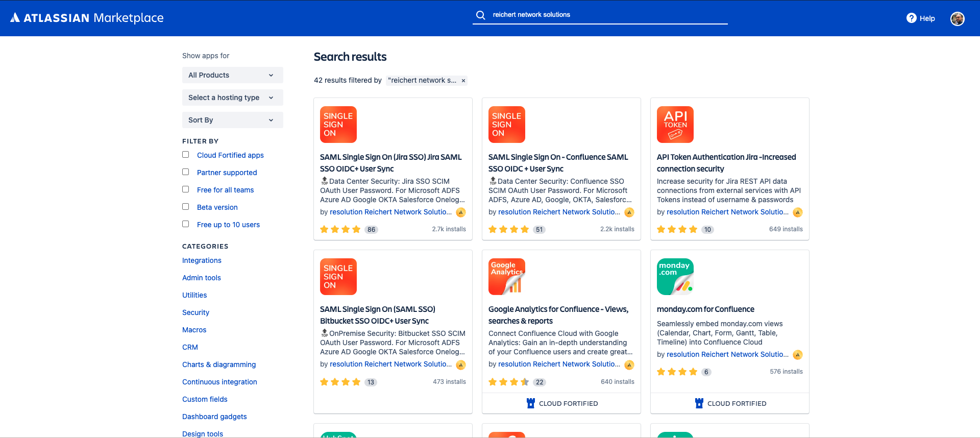 The Atlassian Marketplace with resolution's 42 published apps 