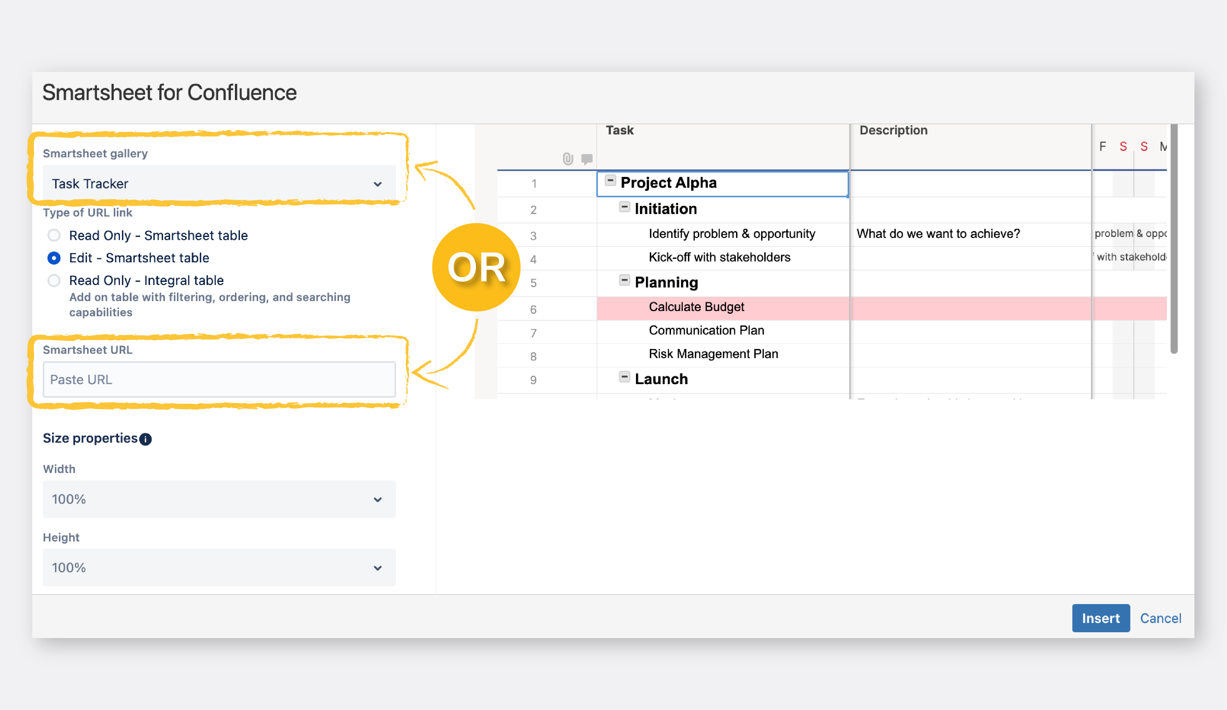 Use a Smartsheet publish link or select a sheet from your gallery to embed your content