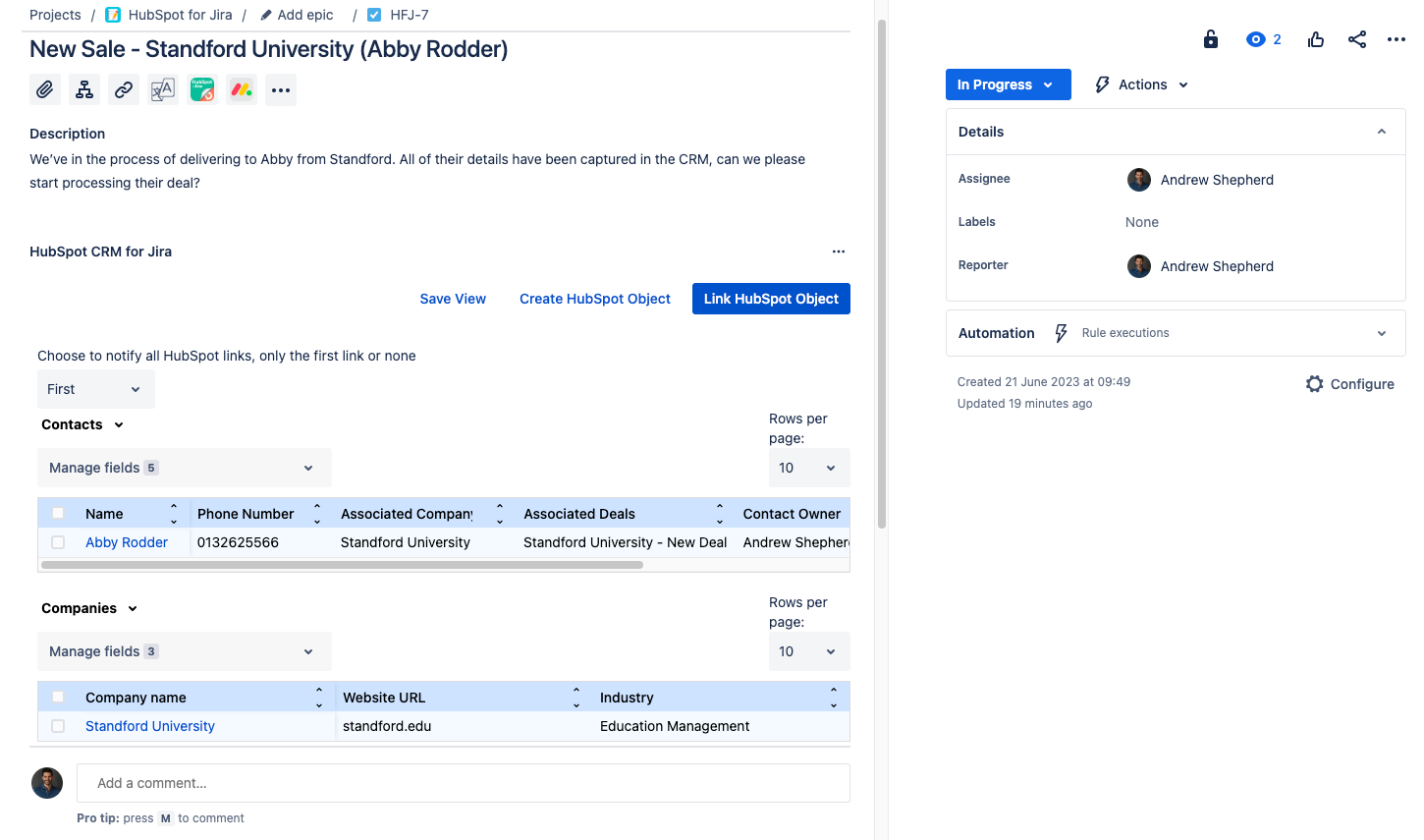 A Jira ticket linked to HubSpot contacts and companies