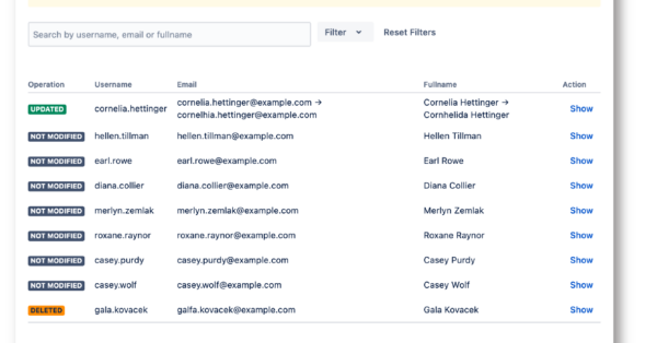 Overview of the sync results: search and/or filter for details