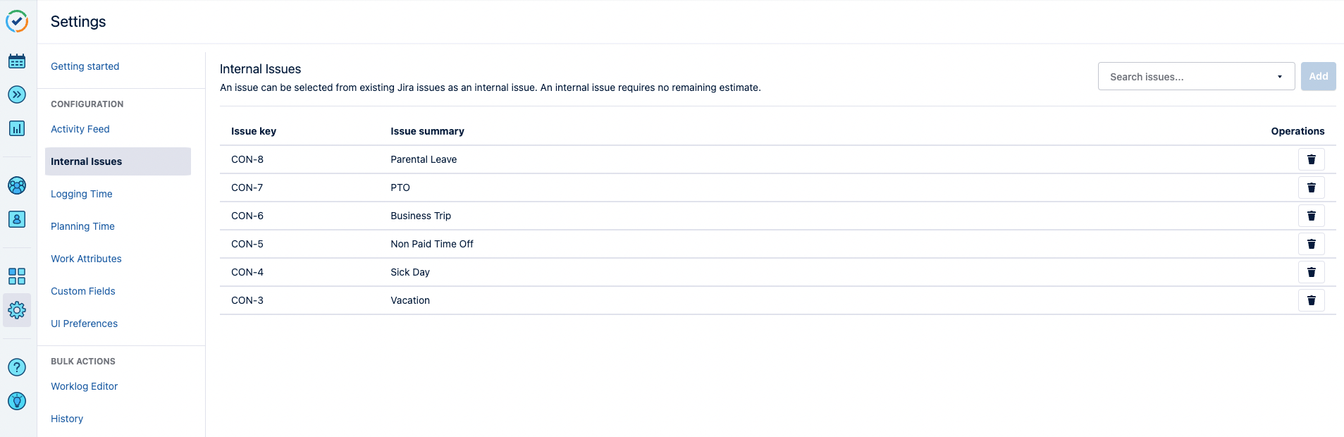 A classic list of PTO and other absences, captured as internal issues in Tempo: Parental Leave, PTO, Business Trip, Sick Day, Vacation, Non-Paid Time Off