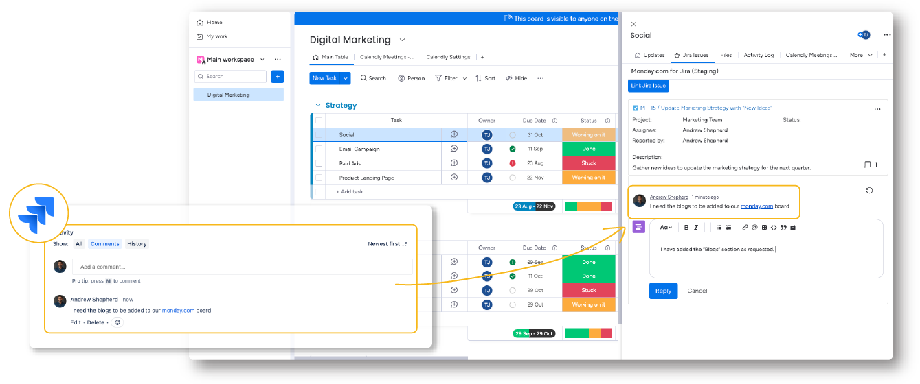 monday.com and Jira users can communicate with one another on specific items and issues by using the comments.