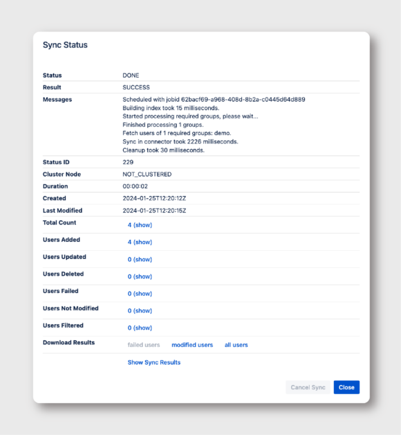 Traditional User Synchronization modal