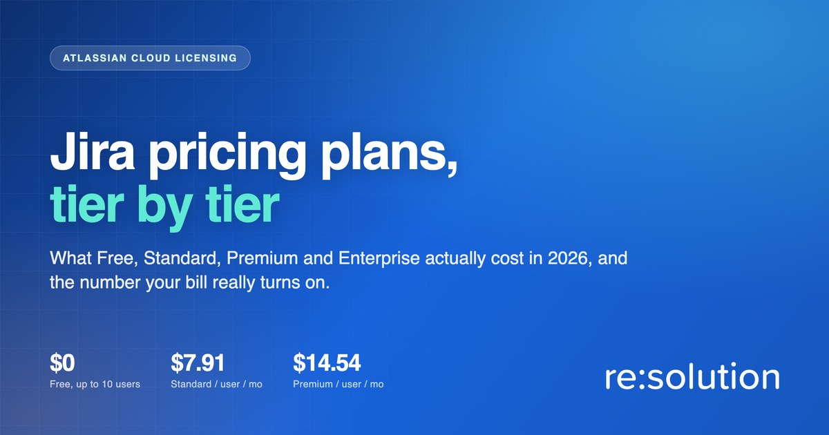 Jira pricing plans 2026 tier by tier, showing Free, Standard at $7.91 and Premium at $14.54 per user per month