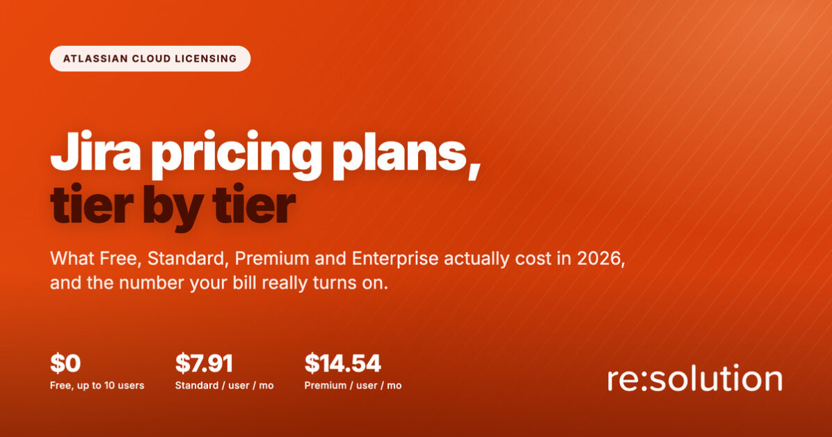 Jira pricing plans 2026 tier by tier, showing Free, Standard at $7.91 and Premium at $14.54 per user per month